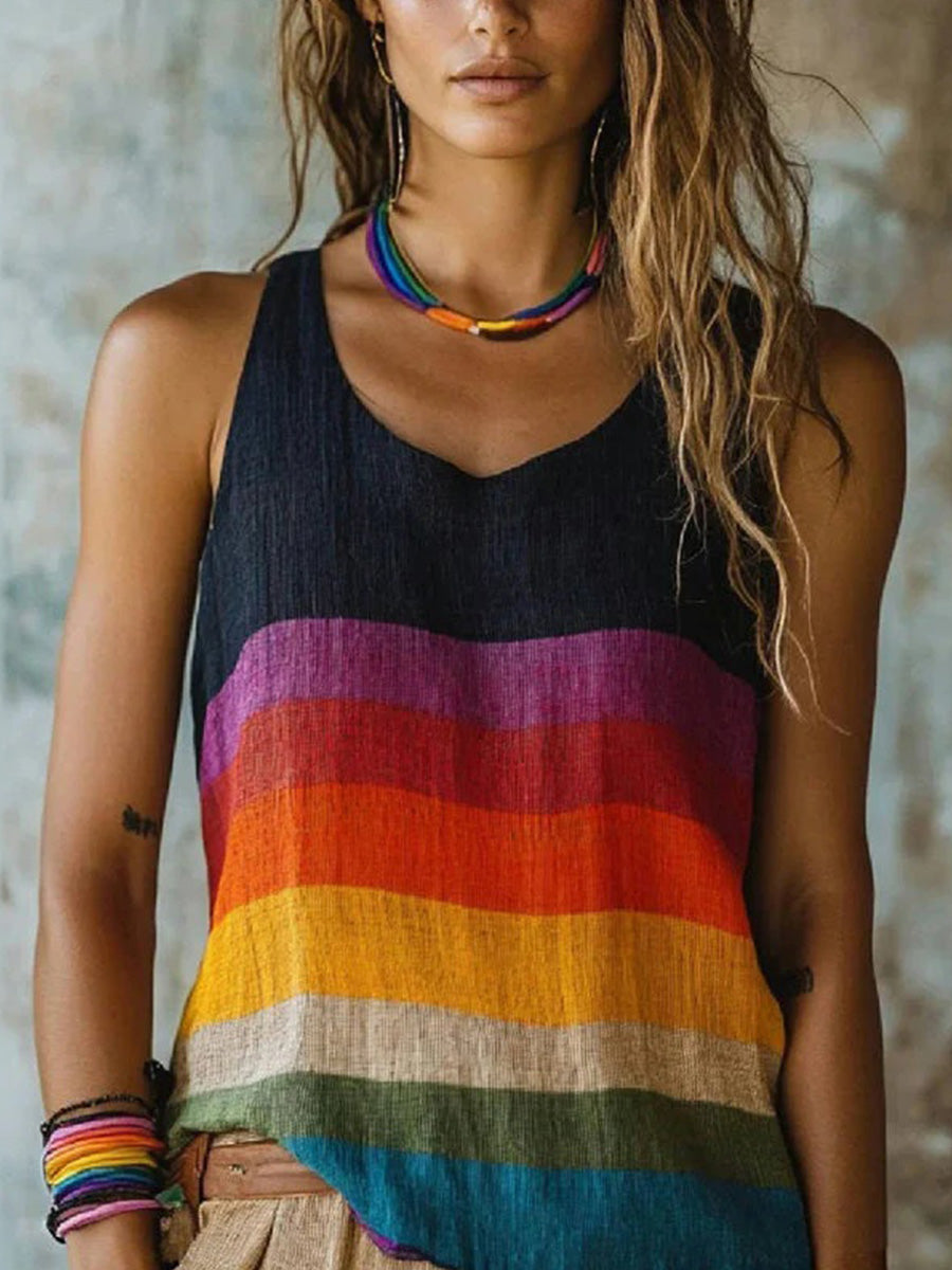 Vintage Colour Block V-neck Sleeveless Tank Top