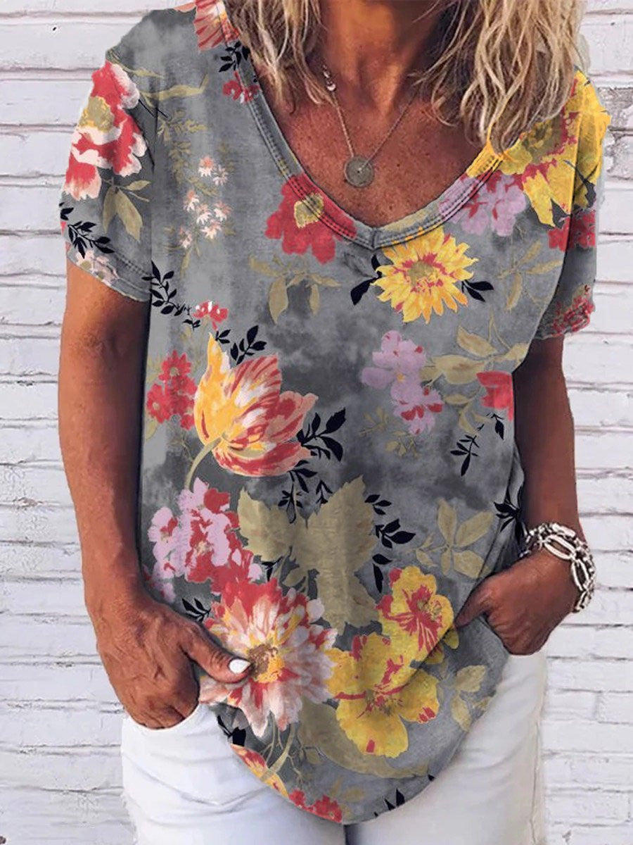 Floral Print V-neck Short Sleeve T-shirt
