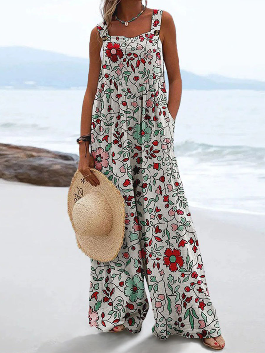 Retro-Jumpsuit mit schlichtem Blumenmuster und weitem Bein