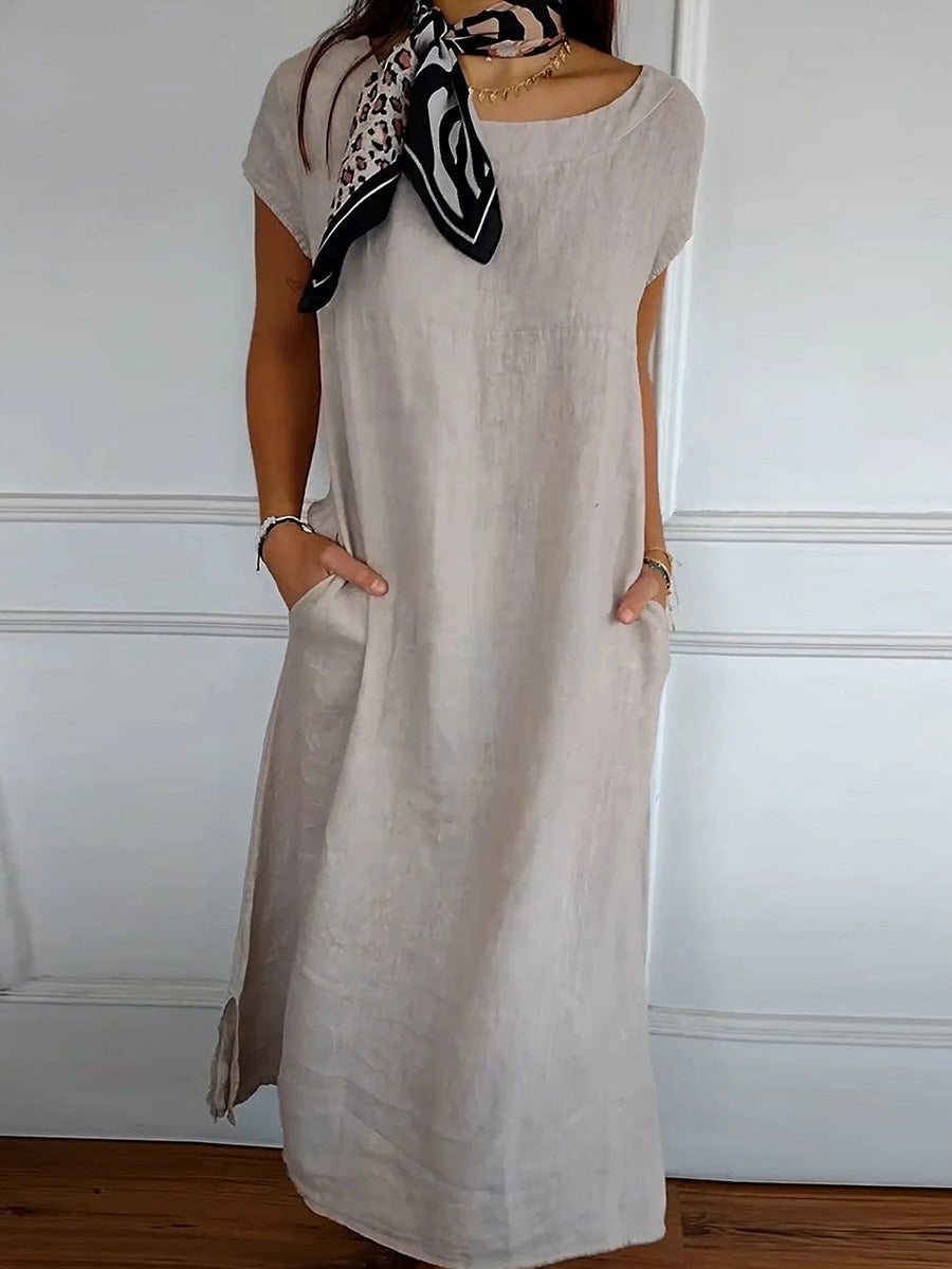 Robe unie à col rond, manches courtes et poches