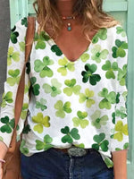 Green Casual V Neck Printed Long Sleeve Blouse