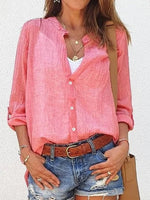 Chemise unie en coton à manches longues et col en V