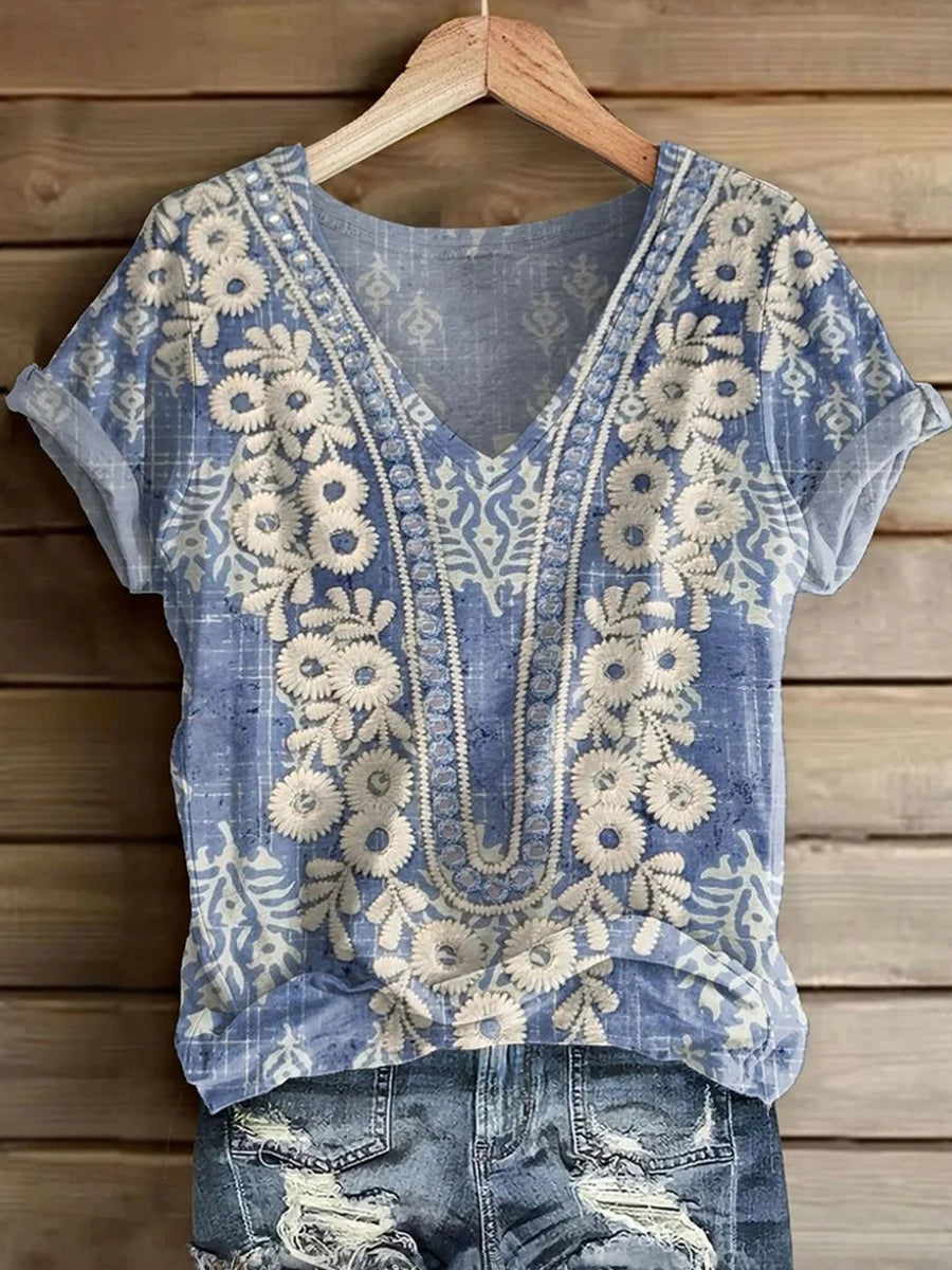 Haut à manches courtes et col en V à imprimé floral Temperament