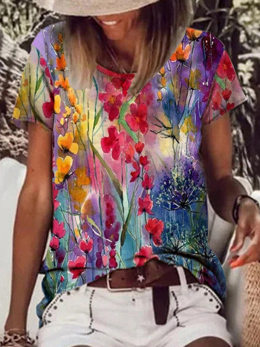 Floral Print Round Neck Short Sleeve T-shirt