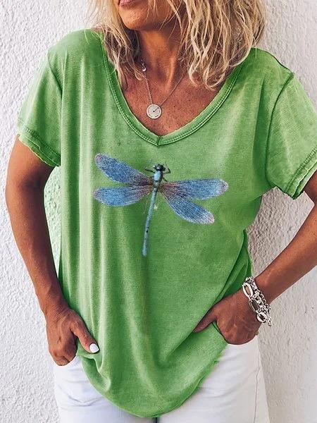 Dragonfly Printed Casual V-neck Short Sleeve T-shirt