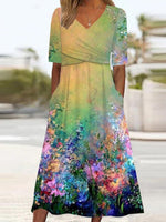 Green Side Pocket V-neck Short Sleeve Midi Dress