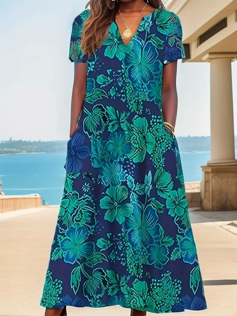 Lässiges, locker geschnittenes Midikleid mit Blumenmuster, V-Ausschnitt und 3/4-Ärmeln
