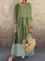 Green Crew Neck Long Sleeve Weaving Maxi Dress