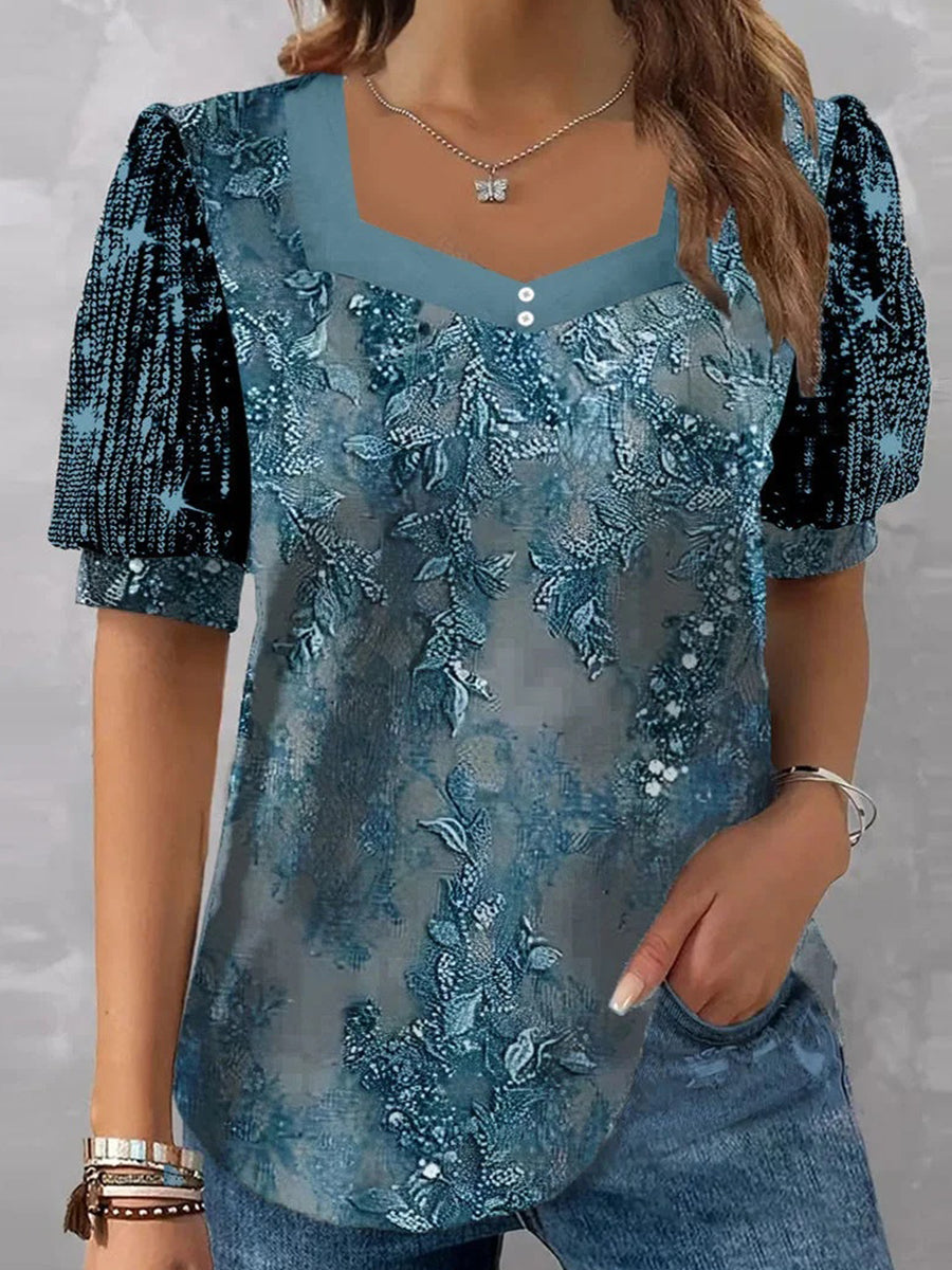 Haut à manches courtes pour femme, col en V, imprimé floral et sequins.