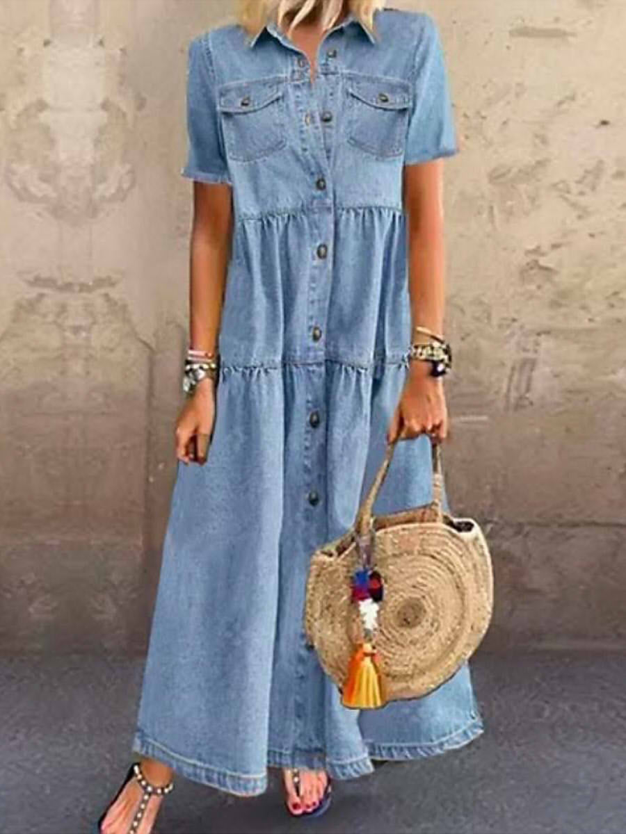 Women’s Denim Button-Down Short Sleeve Maxi Dress with Pockets