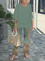 Ensemble deux pièces élégant à imprimé floral vert, col rond et manches 3/4