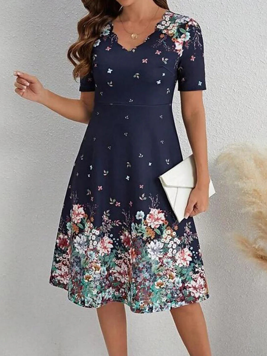 Floral Print V-Neck Short Sleeve Midi Dress