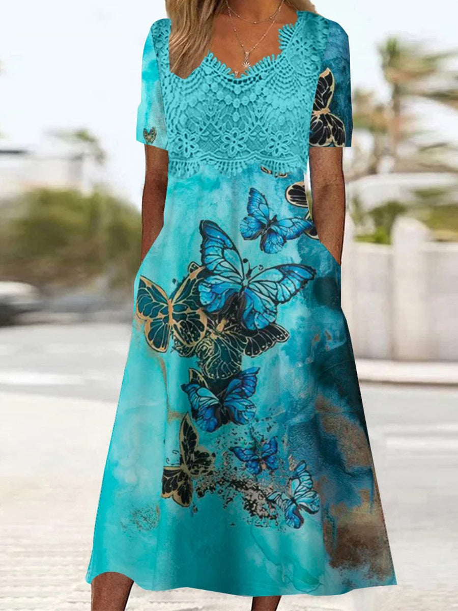 Women's Short Sleeve V-neck Graphic Printed Lace Stitching Midi Dress