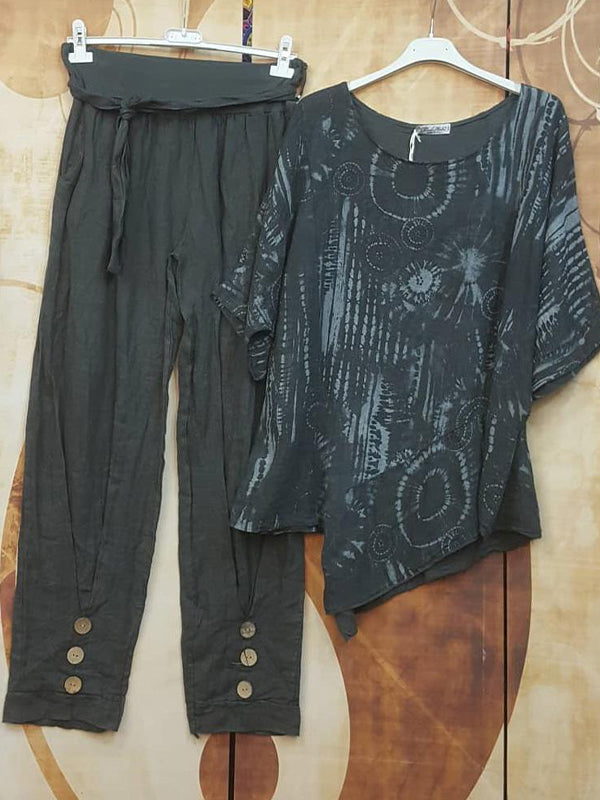 Grey Casual Round Neck Half Sleeve Geometric Printed Outfit Sets