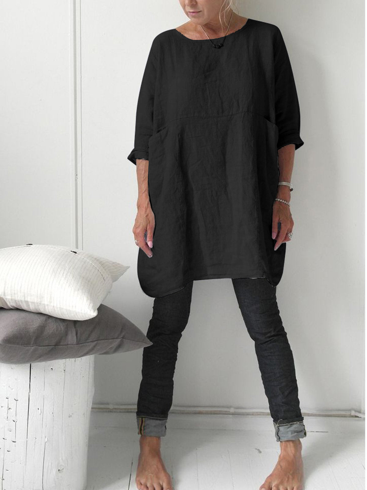 Casual Crew Neck 3/4 Sleevee T-shirt with Pockets