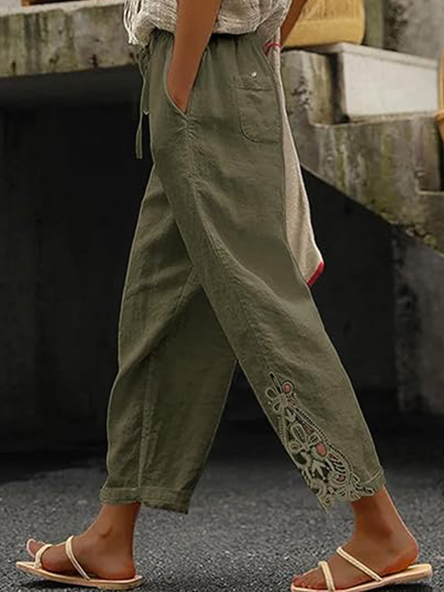 Pantalon décontracté léger pour femme avec taille élastique à cordon et poches