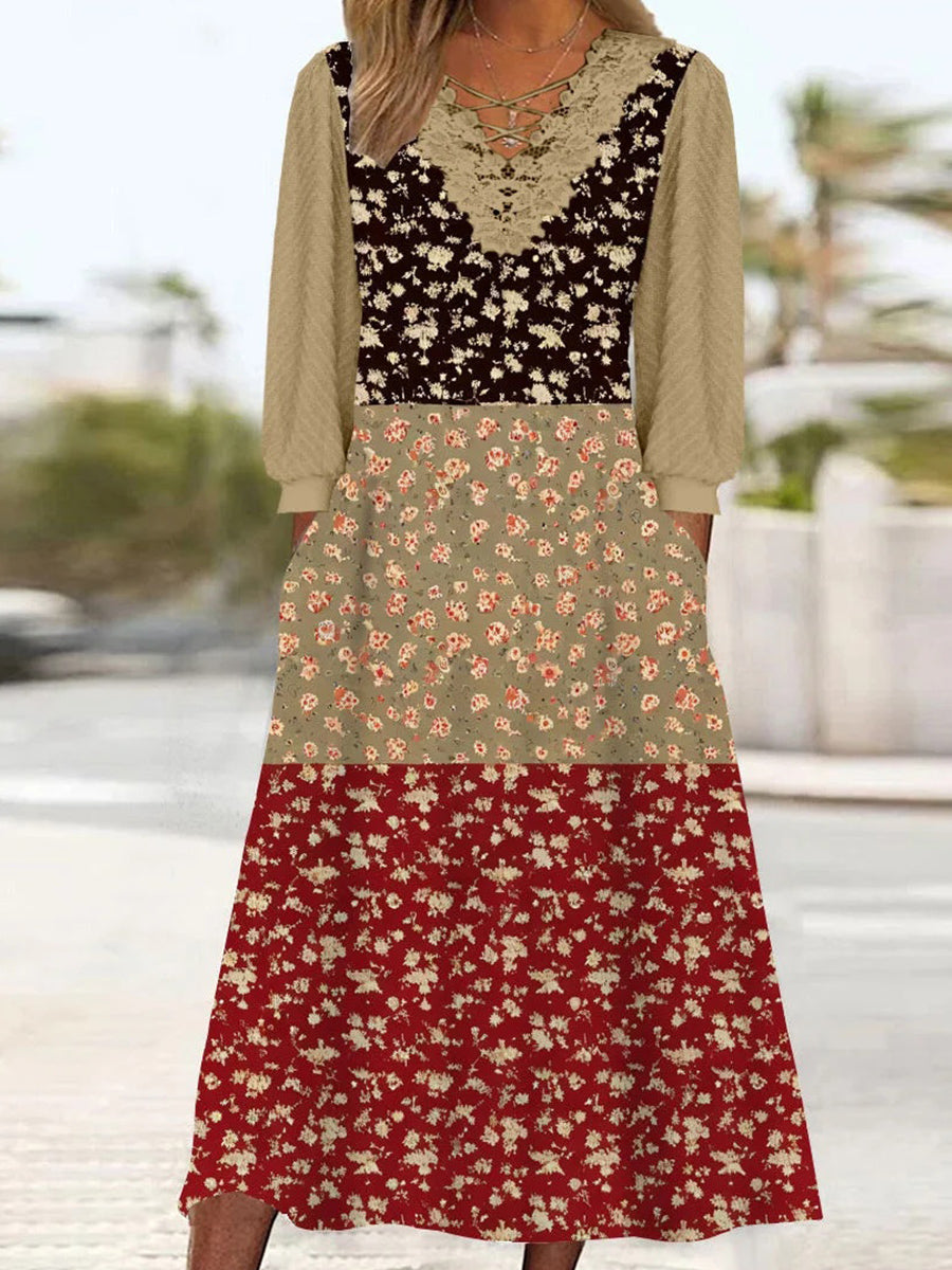 Robe midi à manches longues et col en V pour femme, imprimée de fleurs et ornée de dentelle.