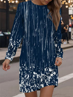 Lässiges blaues Kleid mit Rundhalsausschnitt, langen Ärmeln und geometrischem Muster