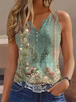 Multicolor Casual V Neck Floral Printed Sleeveless Tank