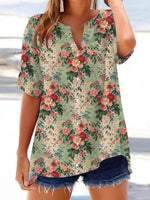 Fresh Green Floral Print V-neck Short Sleeve Top