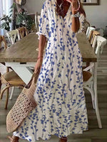 Robe maxi décontractée à col en V bleue à fleurs, ample et décontractée