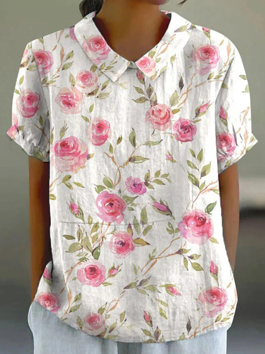 Elegant Floral Print Short Sleeve Blouse