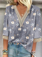 Grey Floral Print V-neck 3/4 Sleeve Top