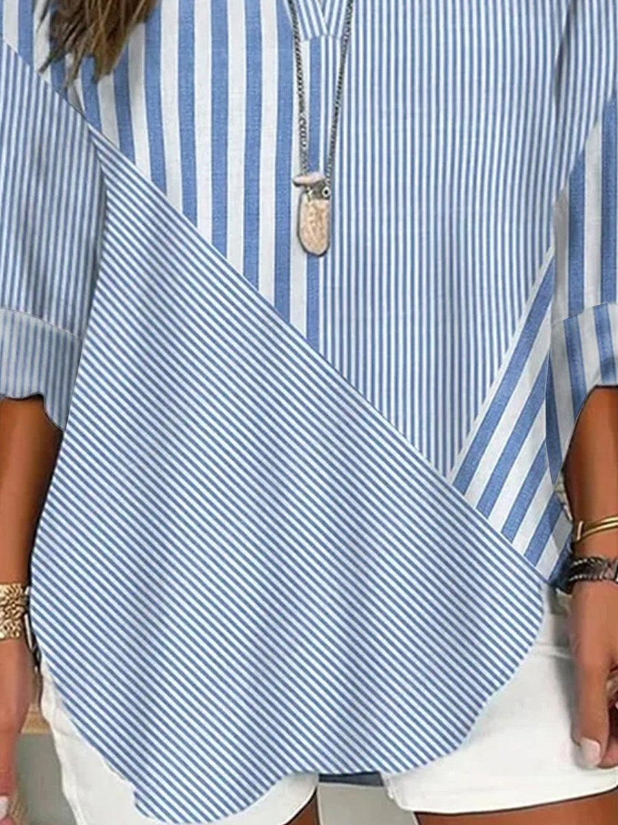 Chemise décontractée à rayures pour femme, manches longues, col cranté, coupe ample