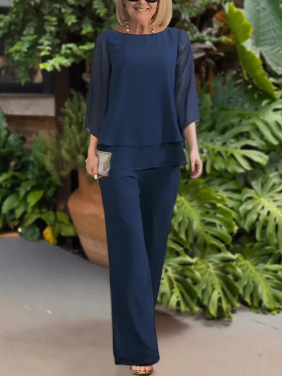 Zweiteiliges Set aus blauem, einfarbigem Oberteil mit Rundhalsausschnitt und 3/4-Ärmeln