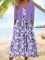 Lässiges lila Kurzarm-Zweiteiler-Midikleid