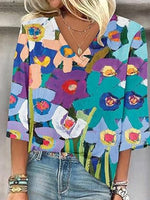 Fresh Color Block V-Neck 3/4 Sleeve Top