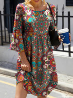 Vintage Bohemian Printed Round Neck 3/4 Sleeve Dress
