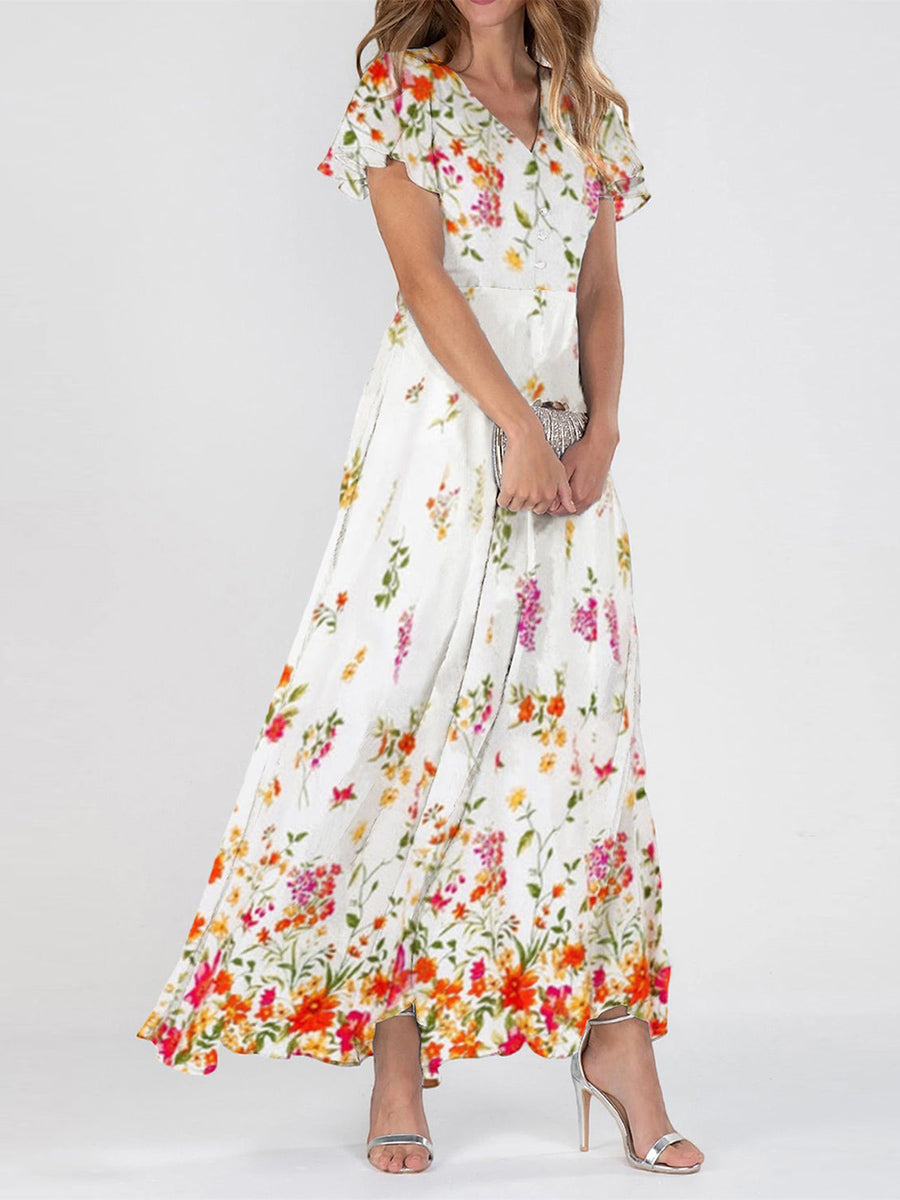 Wunderschönes weißes Maxikleid mit Blumenmuster, V-Ausschnitt und kurzen Ärmeln