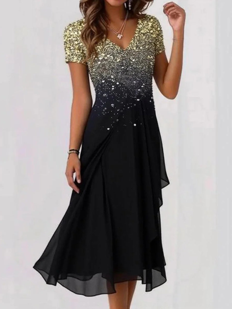 Robe midi à manches courtes et col en V absolument magnifique