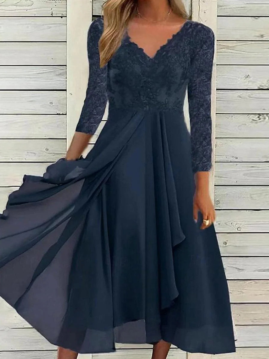 Navy V-Neck Long Sleeve Midi Dress