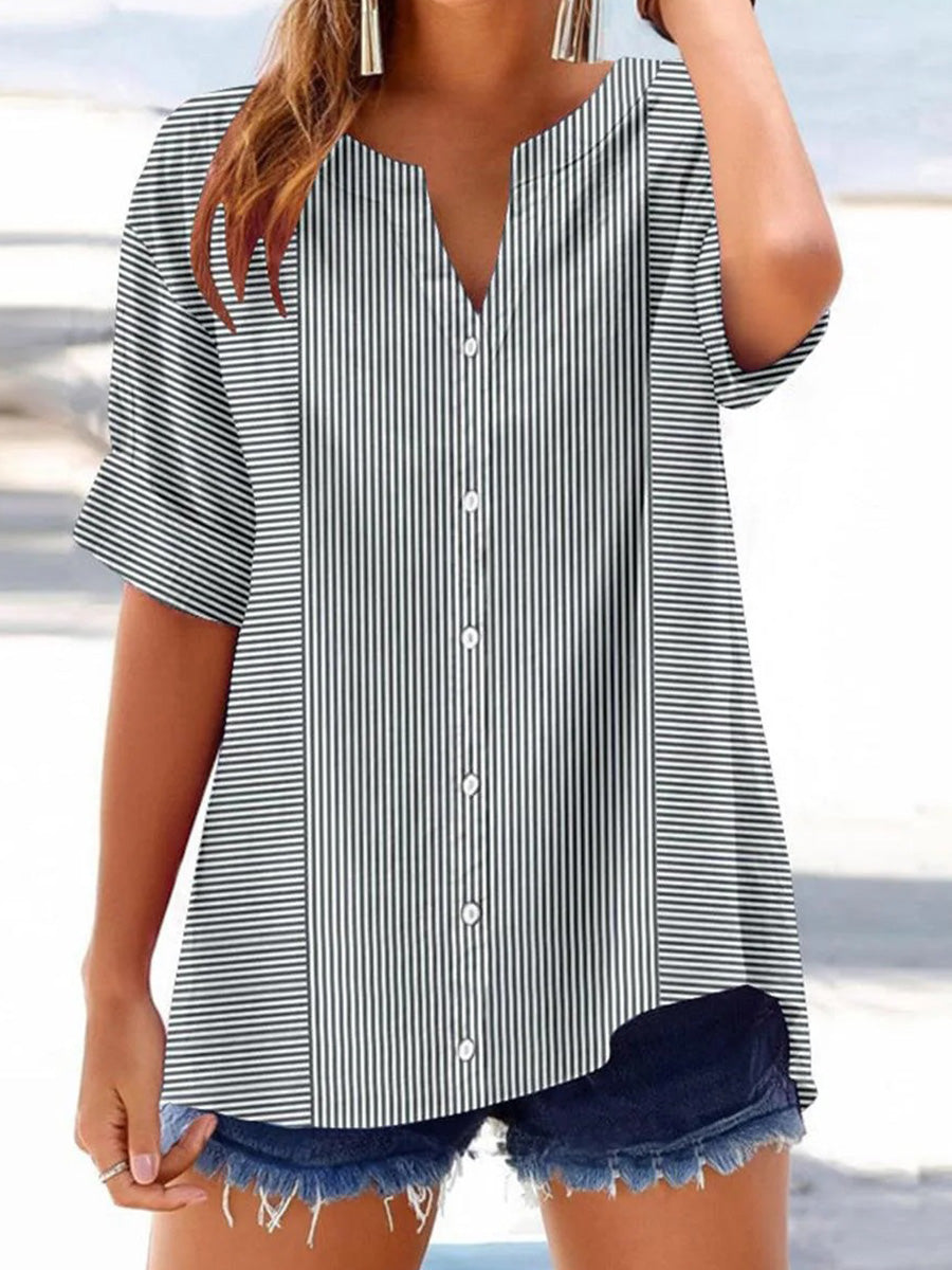 Unique V-Neck Short Sleeve Striped Top