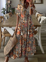 Multi Casual V Neck Floral Printed Short Sleeve Dress