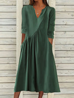Green Casual V Neck Solid Half Sleeve Dresses