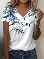Leaf Print V-neck Short Sleeve T-shirt