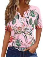 Casual Elegant T-shirt Short Sleeve V-Neck Printed Top