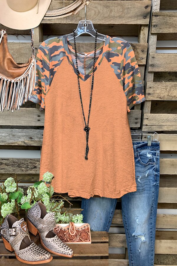 Orange Solid Color Camouflage Stitching T-shirt