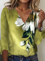 Fresh Green Floral Print V-neck 3/4 Sleeve Top