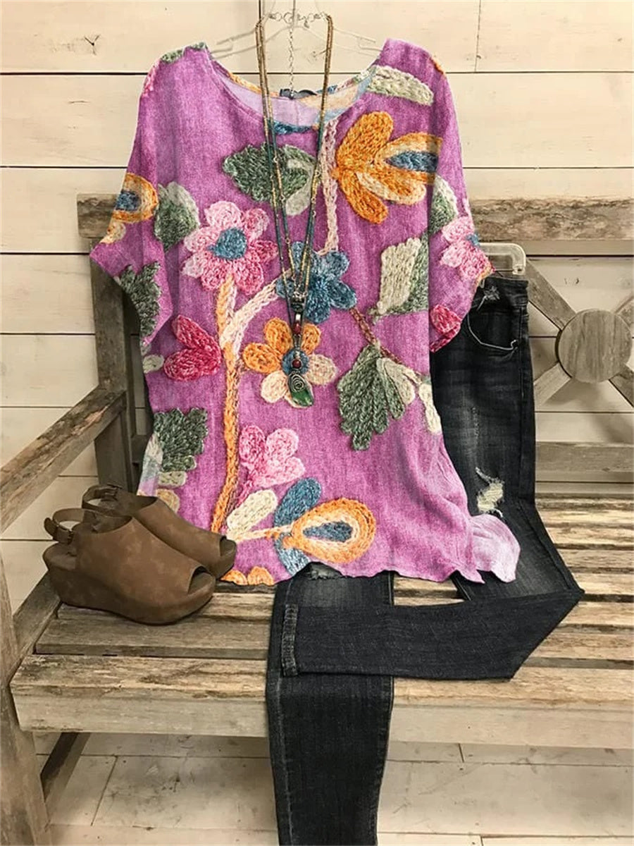 T-shirt élégant à col rond et manches courtes imprimé floral