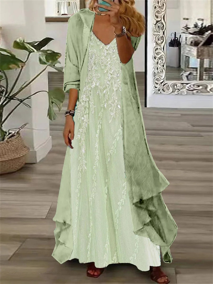 Robe longue deux pièces à manches longues et col en V pour femme, imprimée de fleurs