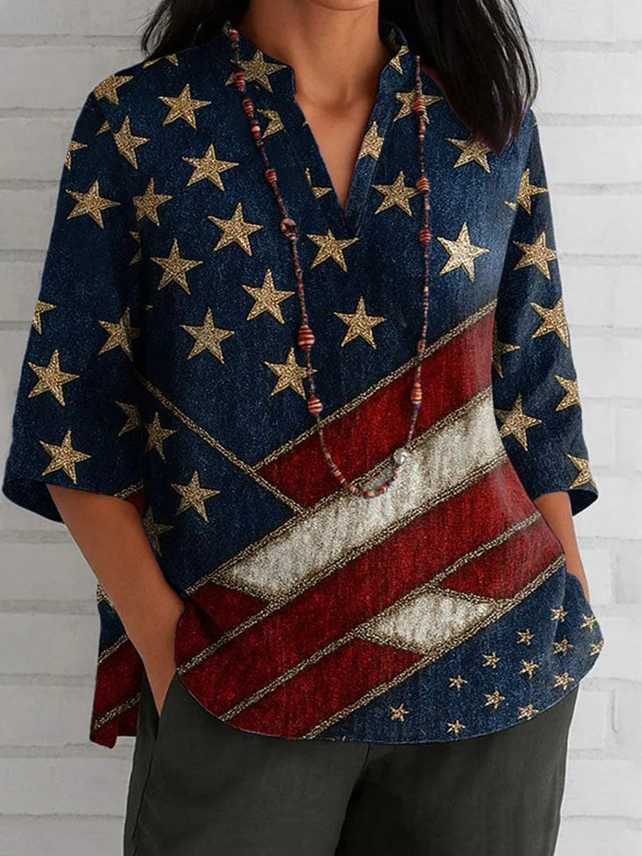 Haut bleu élégant à col en V et manches 3/4