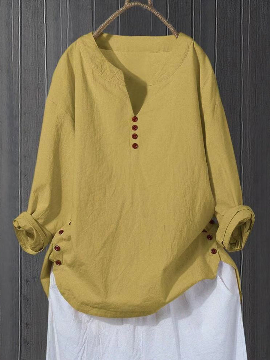 Literary And Artistic Pullover V-Neck Loose Fitting Shirt