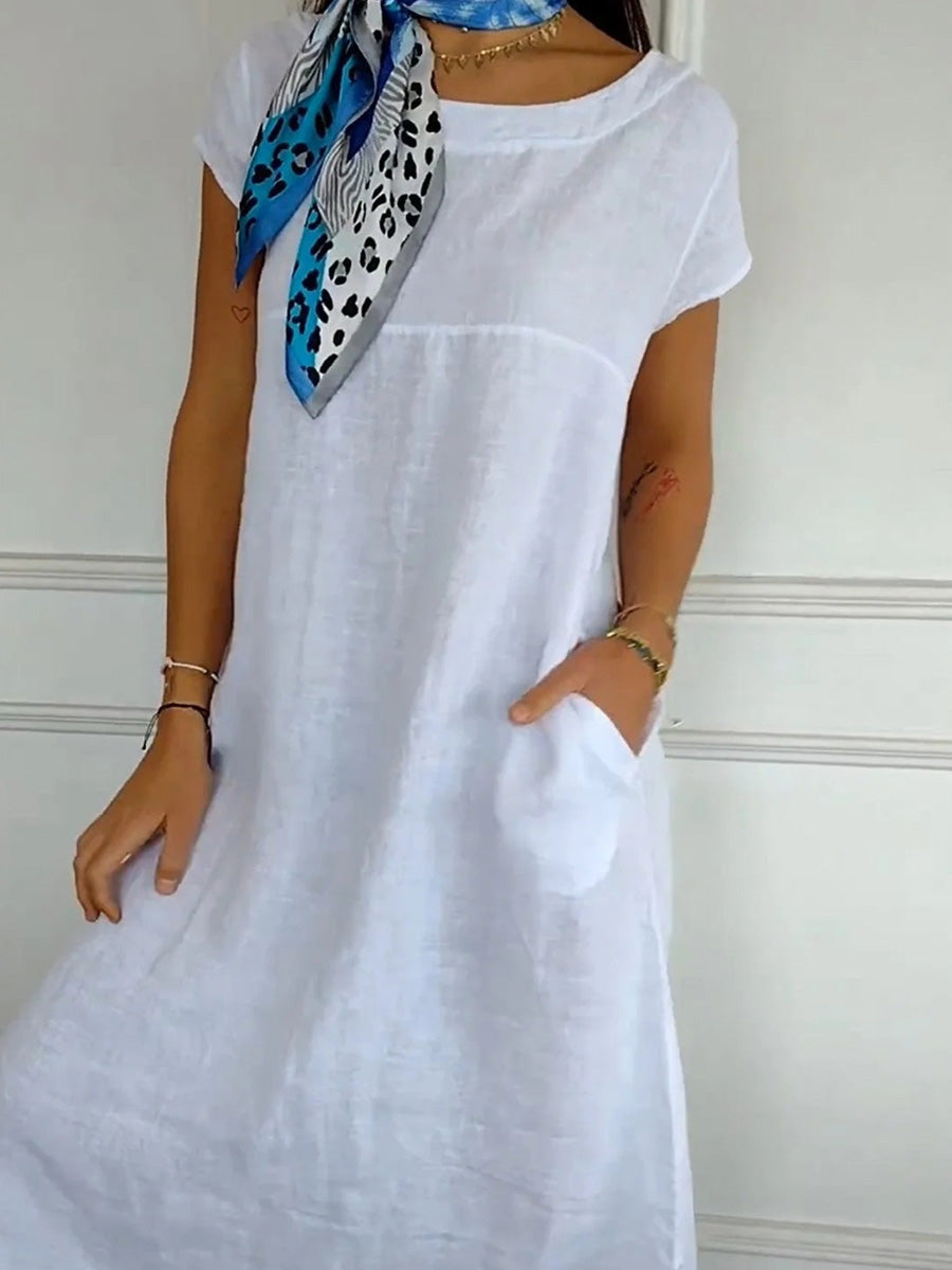 Robe unie à col rond, manches courtes et poches