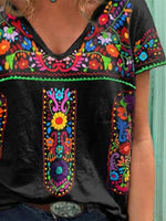 Chemisier noir confortable à col V et manches courtes imprimé floral