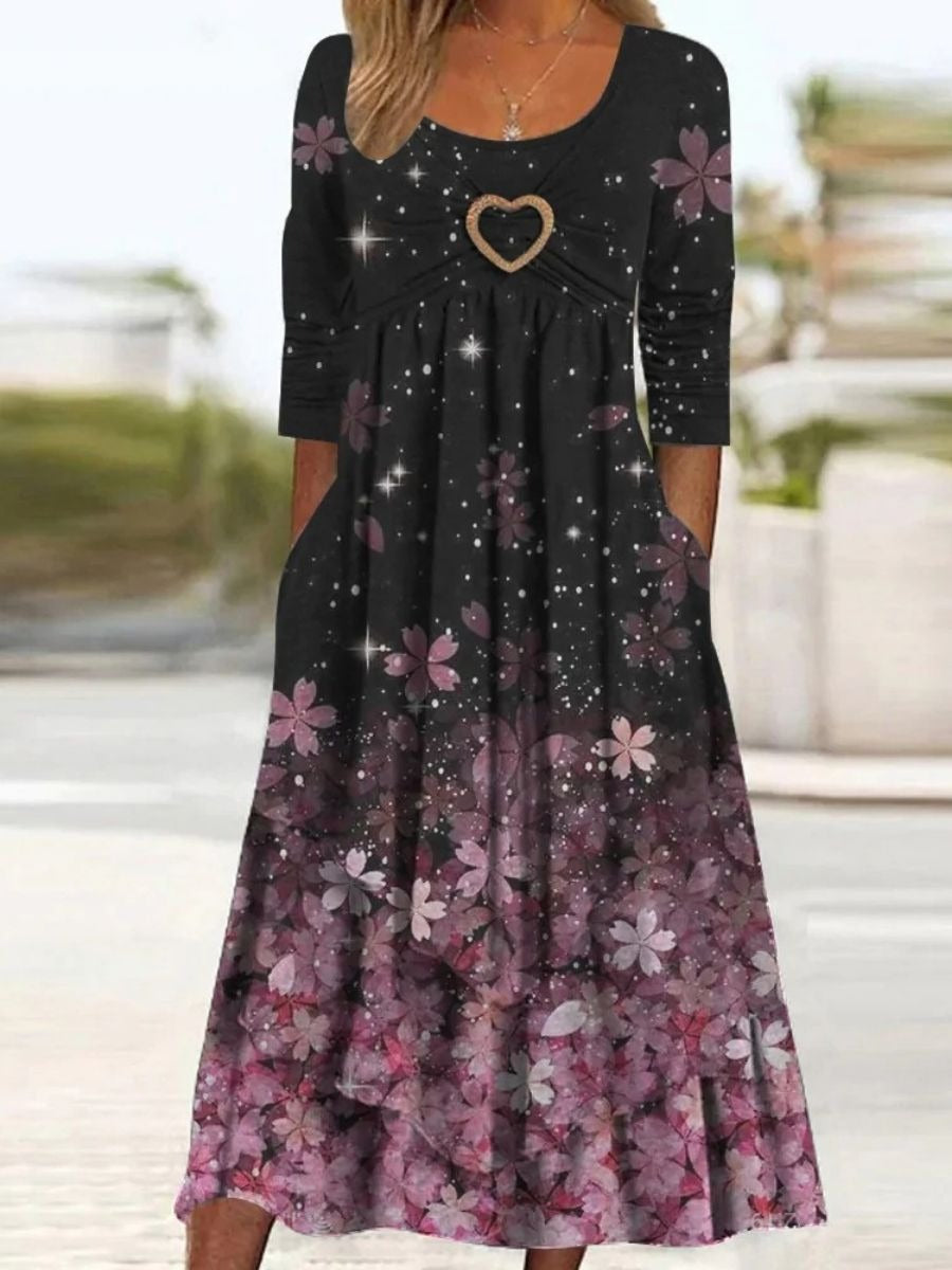 Schwarze, lässige Kleider mit Rundhalsausschnitt, Blumenmuster und halben Ärmeln