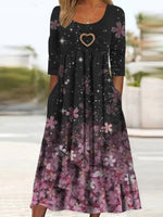 Schwarze, lässige Kleider mit Rundhalsausschnitt, Blumenmuster und halben Ärmeln